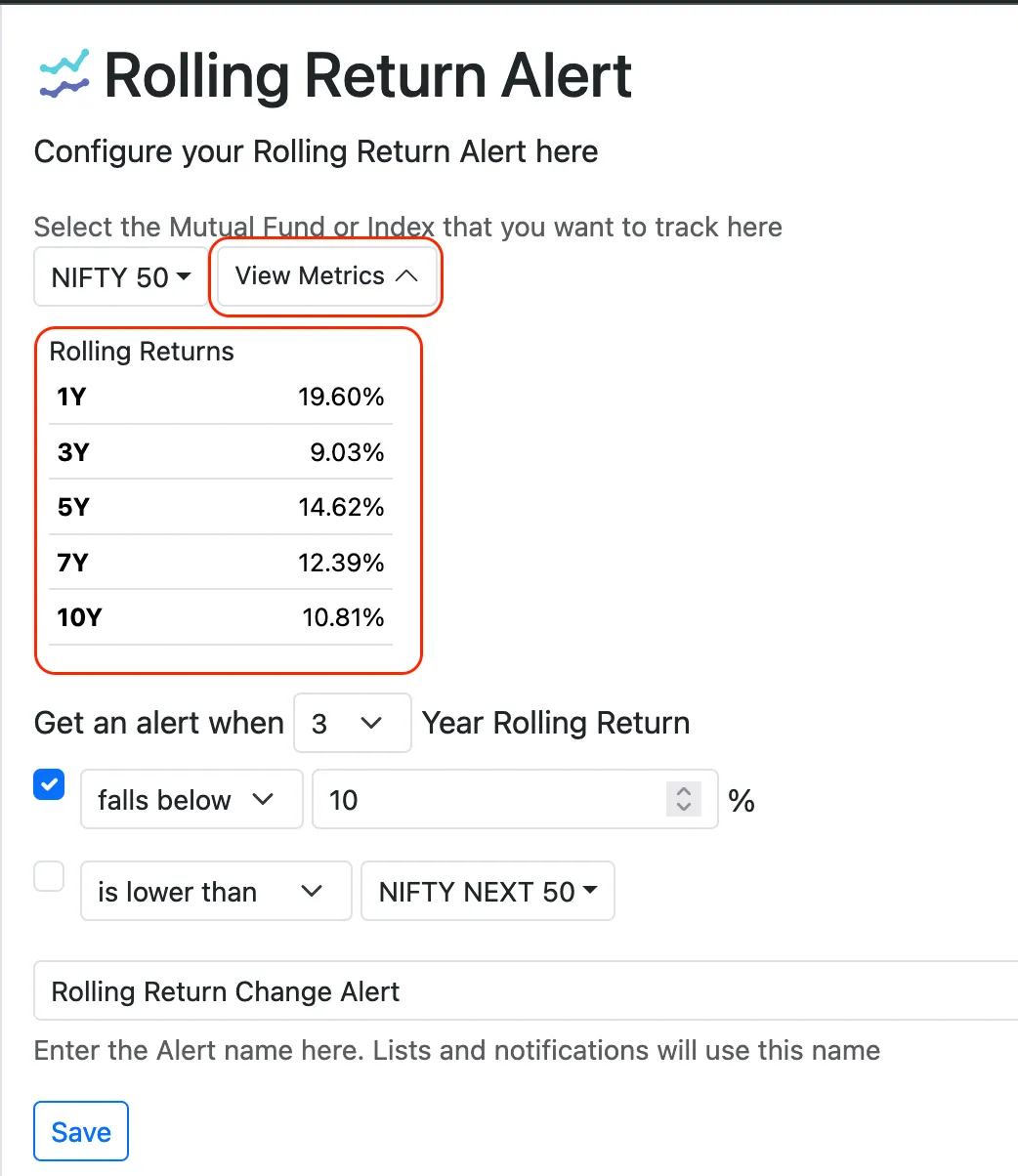 View Metrics shows the 1, 3, 5, 7 or 10 year rolling return